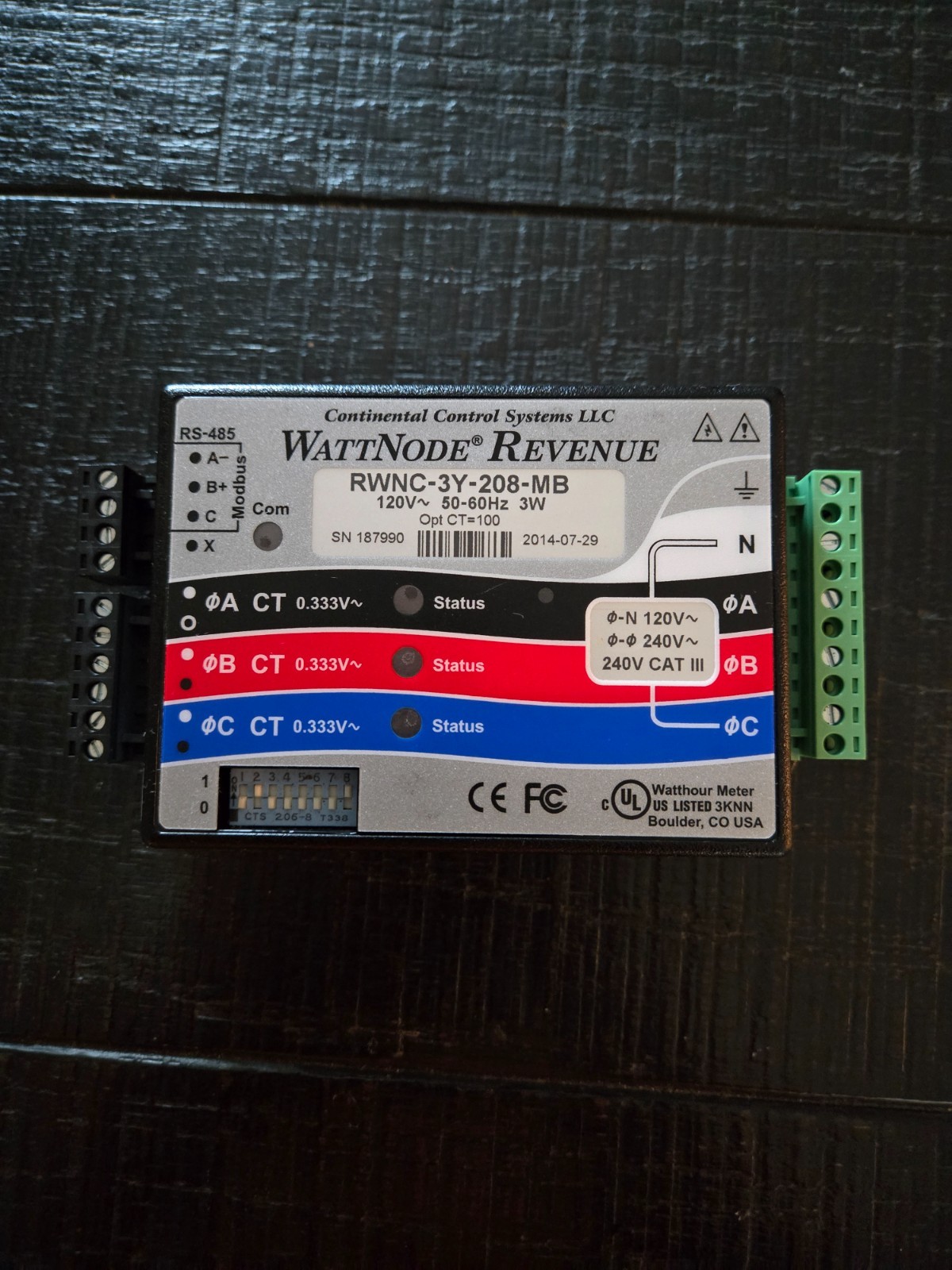 Continental Control Systems RWNC-3Y-208-MB WattNode® Modbus Power Monitoring