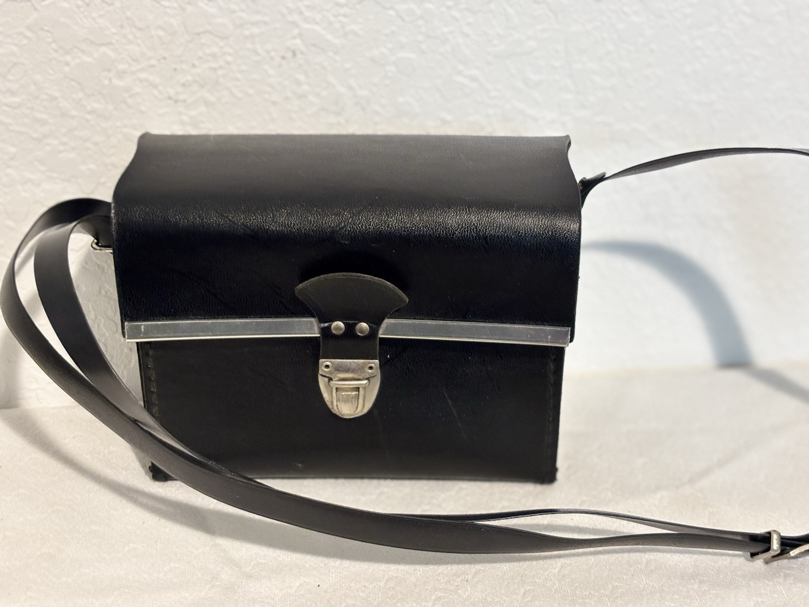 Vintage Hard Leather Black Binocular Case with Snap Closure, Suede Lined, strap
