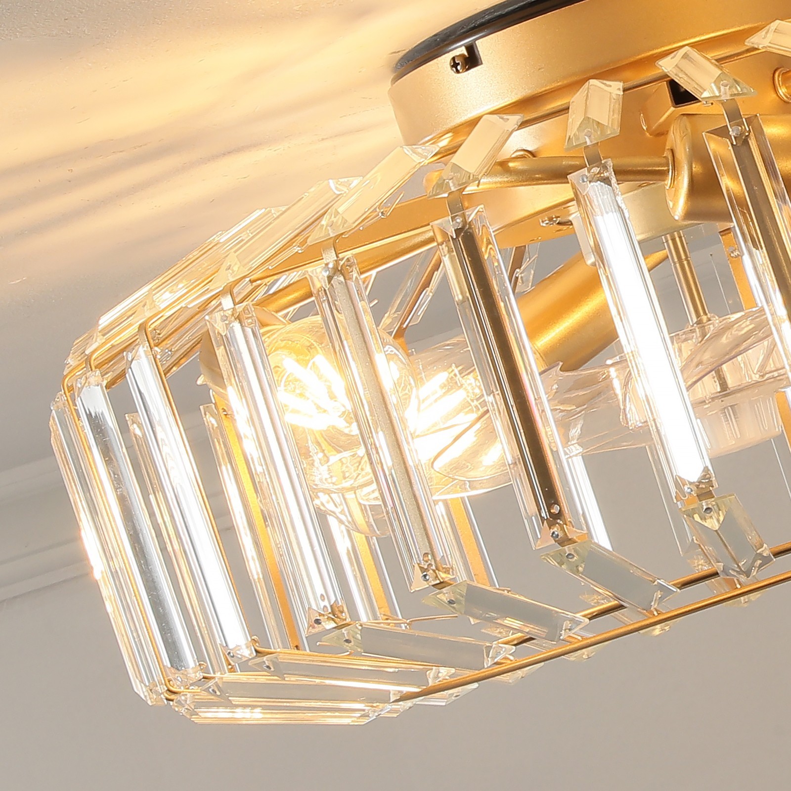 20" Modern Crystal Ceiling Fan with Light, Caged Flush Mount Ceiling Fan