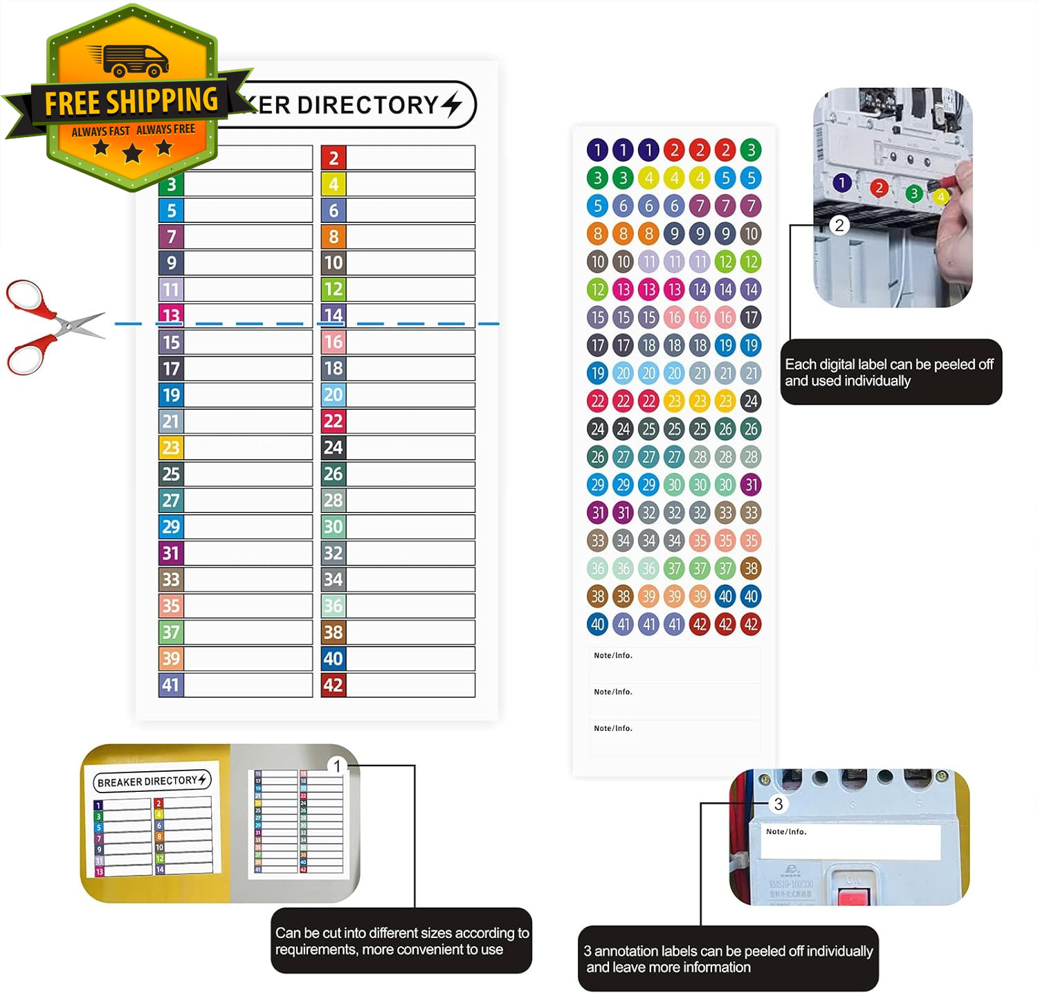 16 Sheets Breaker Panel Labels Electrical Box Sticker Waterproof Numbers Colors
