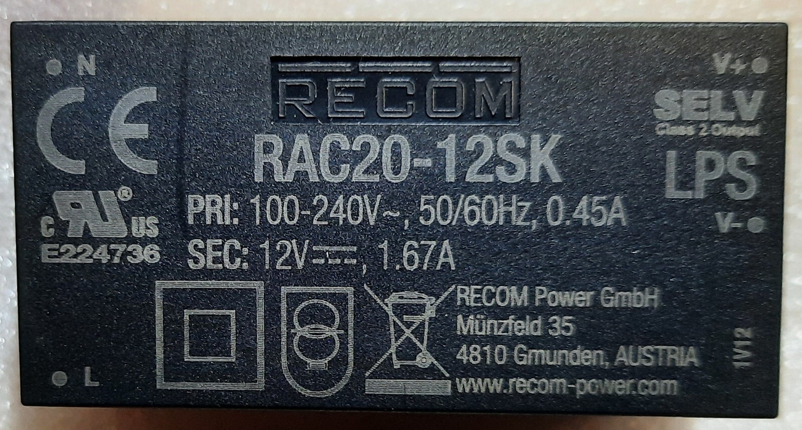1pc RAC20-12SK Recom Power AC/DC Converter - 12V 20W Single Output - Regulated