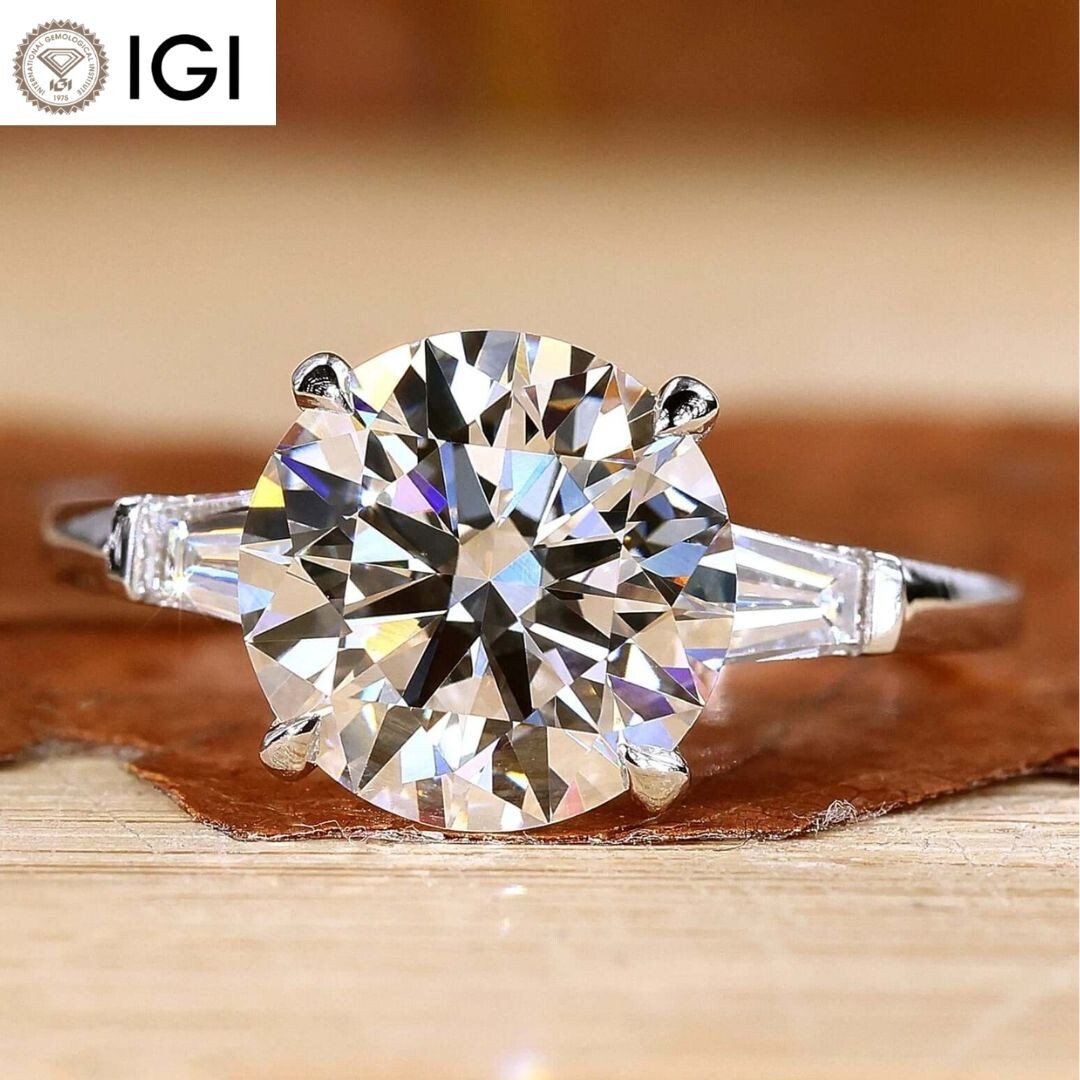 2.50 Ct IGI Lab Grown Diamond Engagement Ring Round + Baguette 950 Platinum