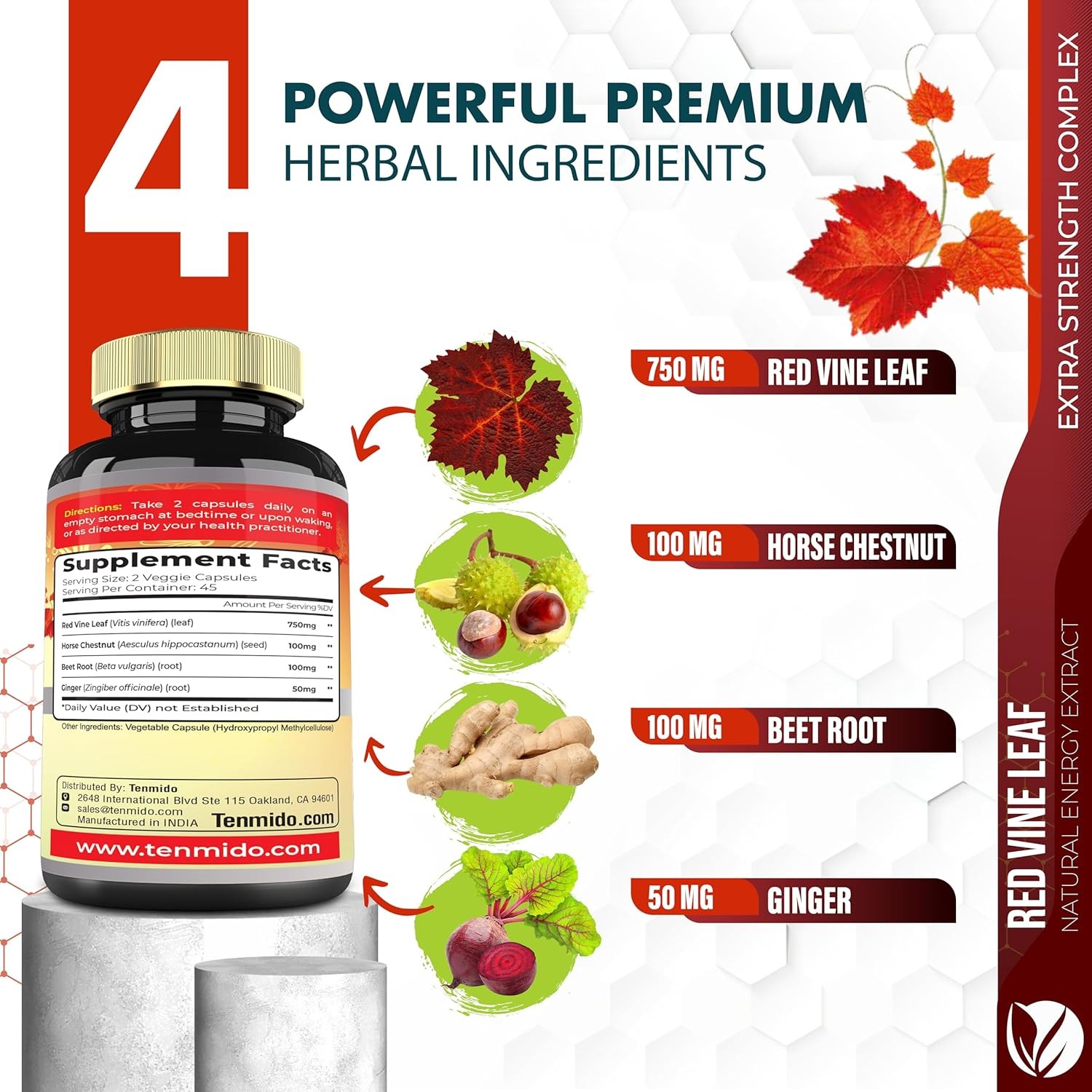 Red Vine Leaf Extract Capsules - with Horse Chestnut, Beet Root, Ginger -...