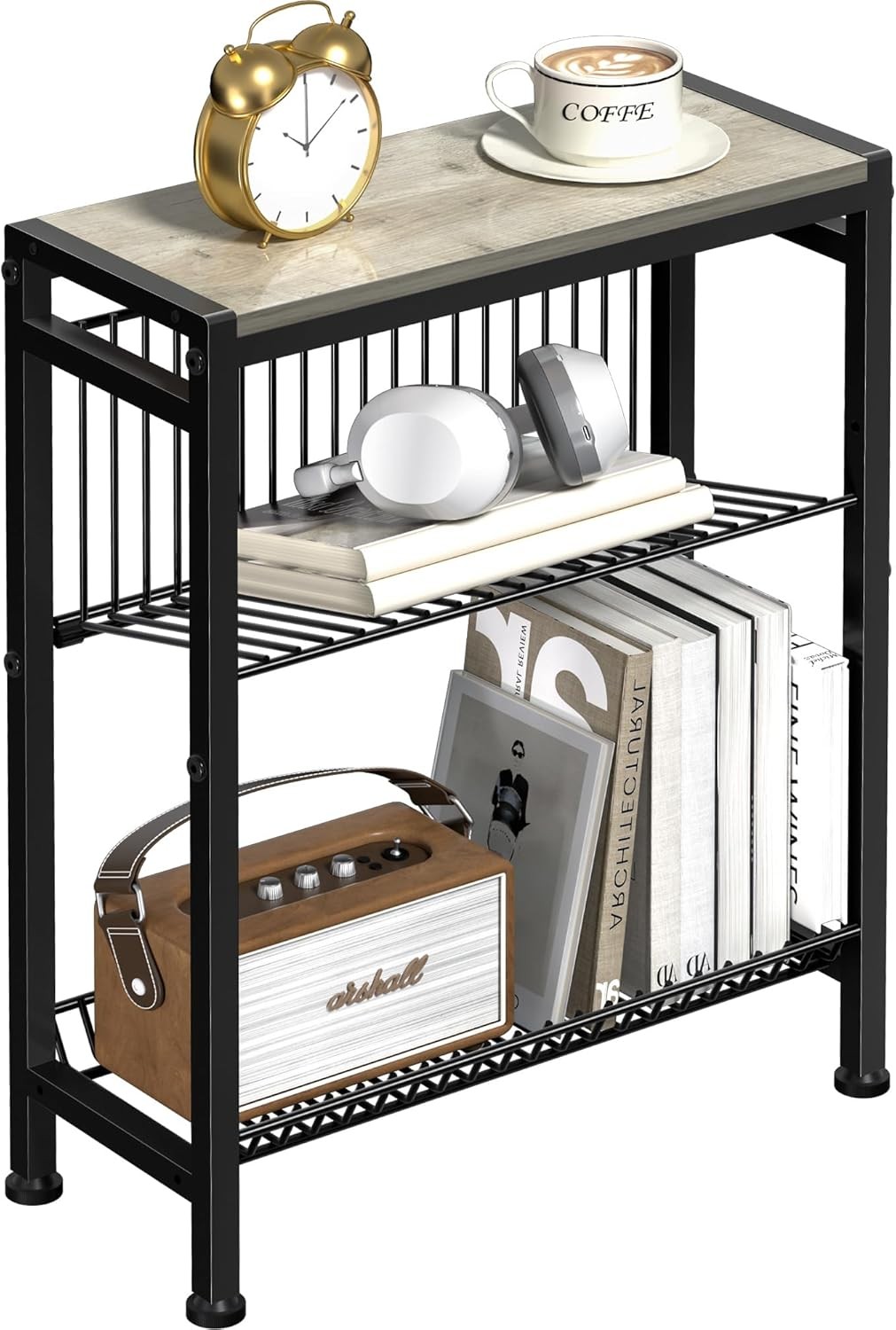 Side Table Small Space 3-Tier Narrow End Tablewith Magazine Holder,Slim
