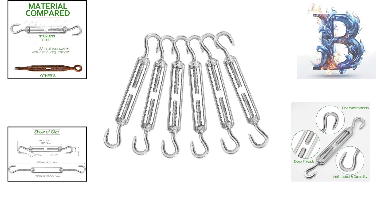 Durable M5 Hook & Hook Turnbuckle Set - Corrosion Resistant, 125lbs Capacity