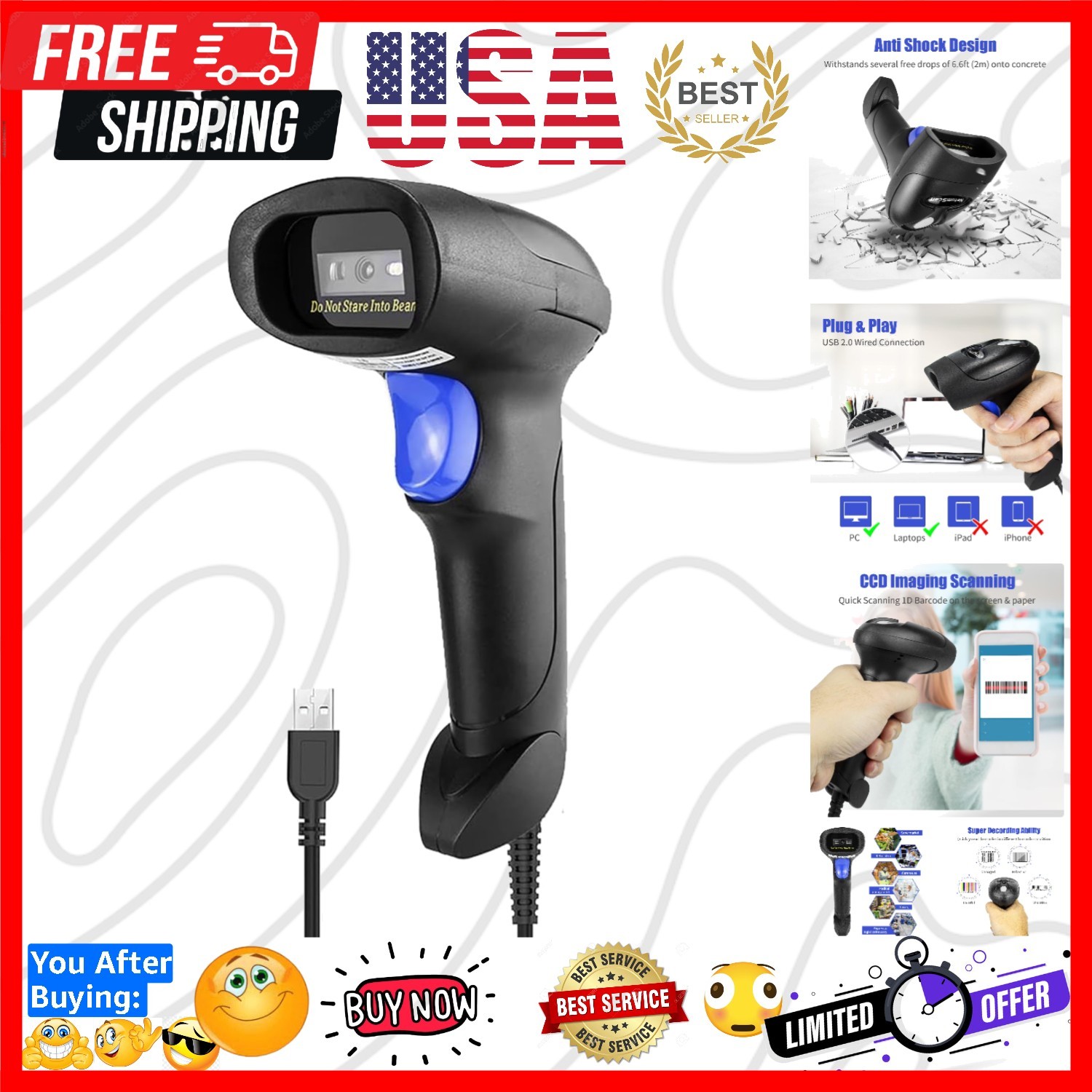 USB 1D Barcode Scanner, Handheld Wired CCD Barcode Reader | Supports Screen S...
