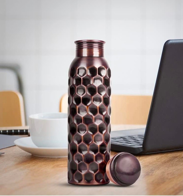 100% Pure Copper Water Bottle Hammered 32oz Leak Proof Lid