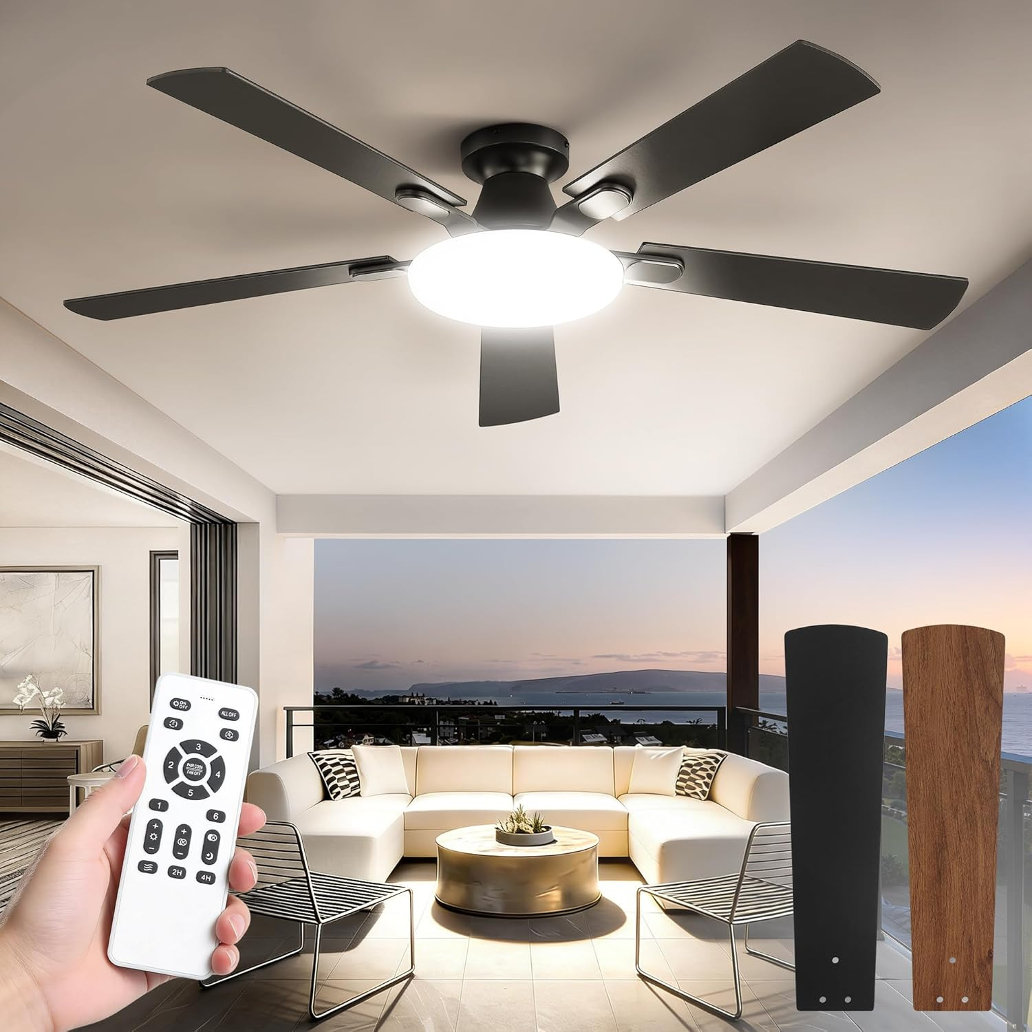 Modern 52" Ceiling Fan with LED Lights, Remote & 6-Speed Quiet Motor