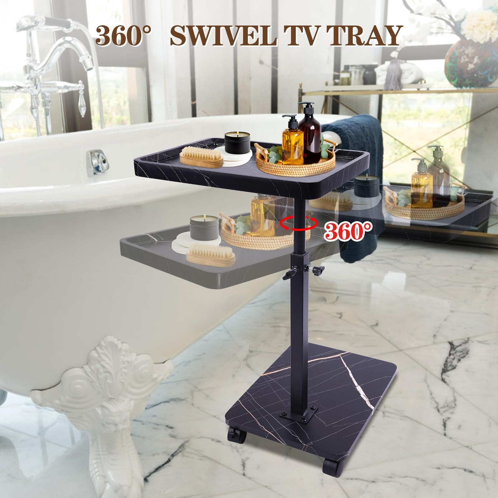 Black C Shaped End Side Table Adjustable Height 360 Swivel TV Tray Table