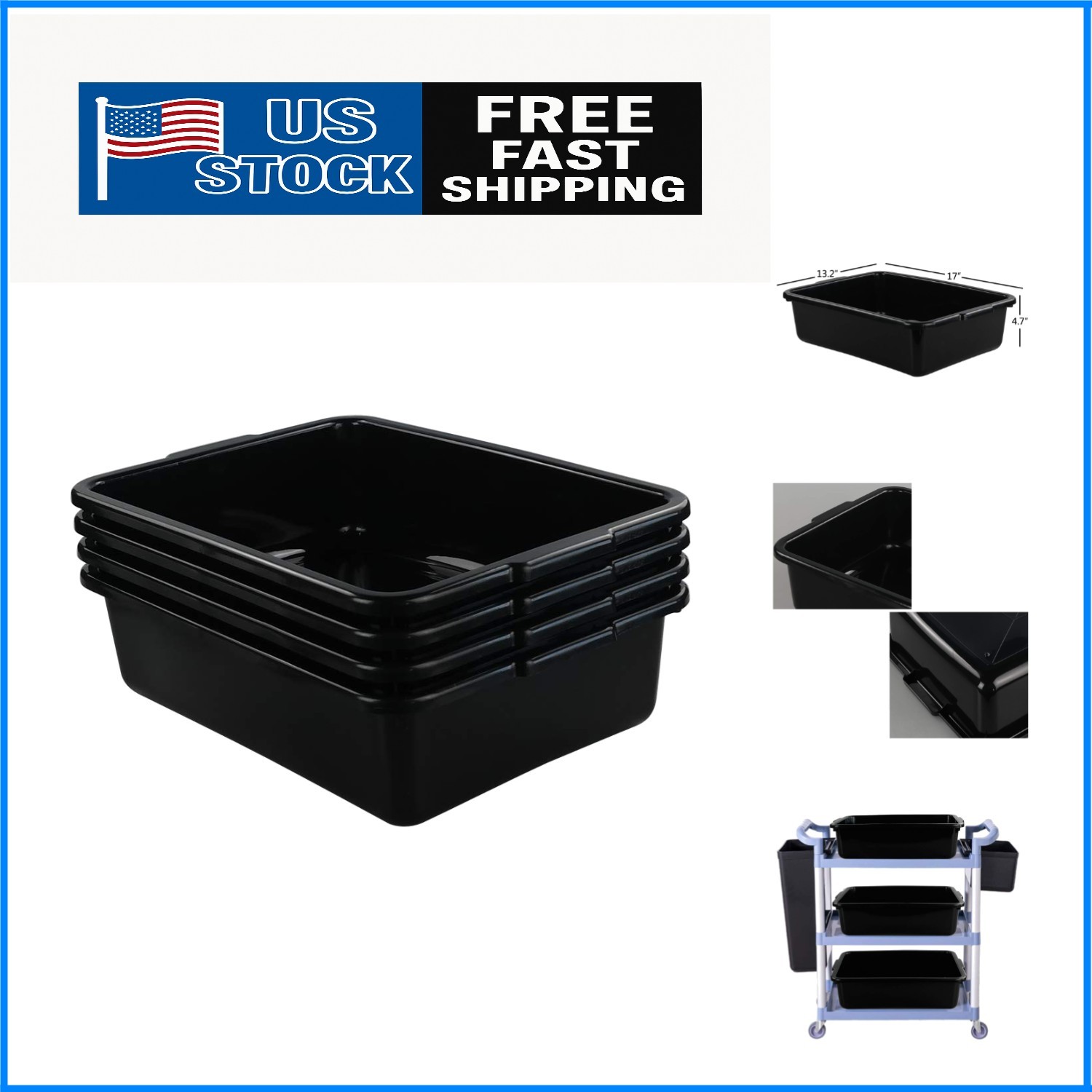 13L Waterproof Black Plastic Utility Boxes - Set of 4 for Kitchen Organization