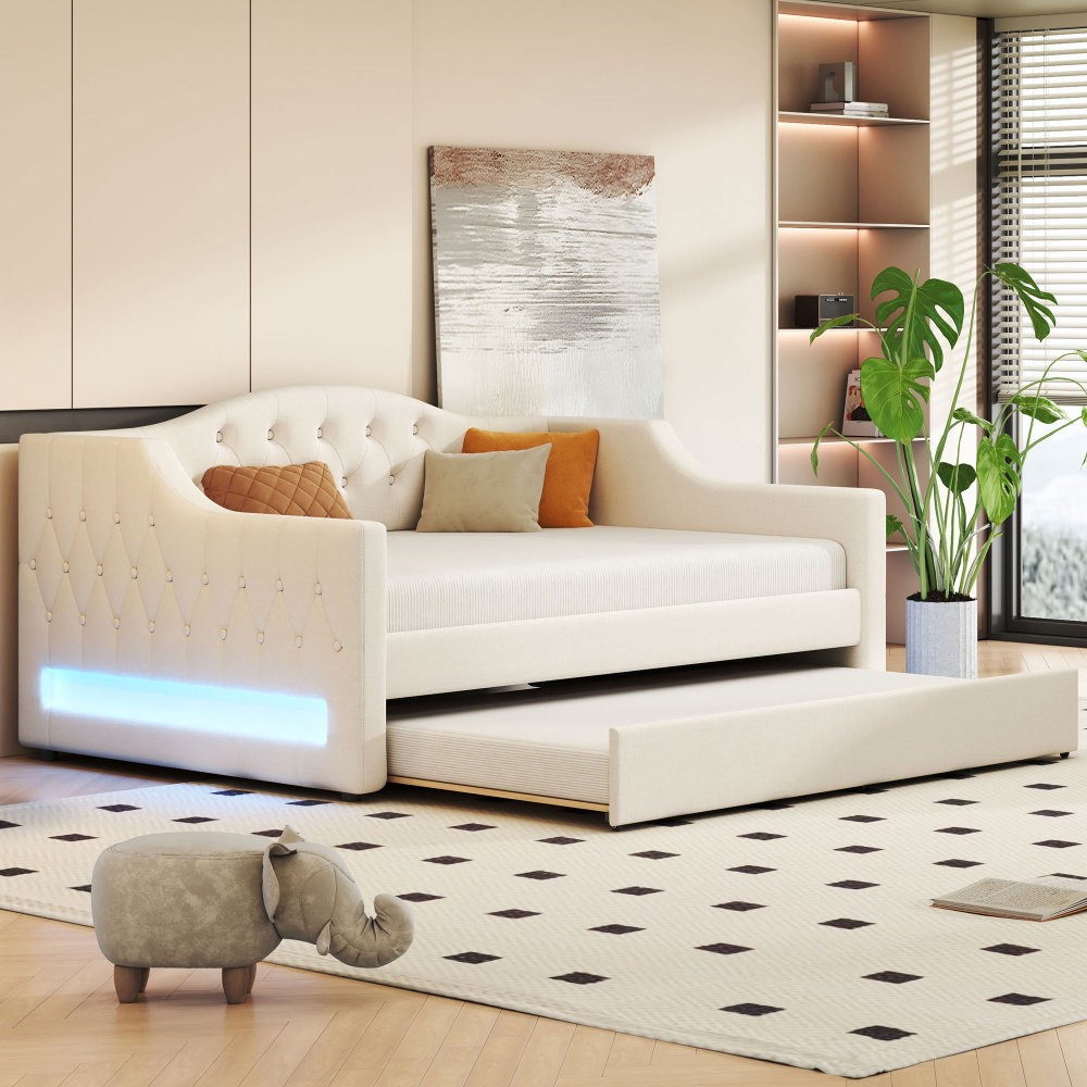 Upholstered Bed with LED Strip Lighting and Casters, Featuring Foam Padding