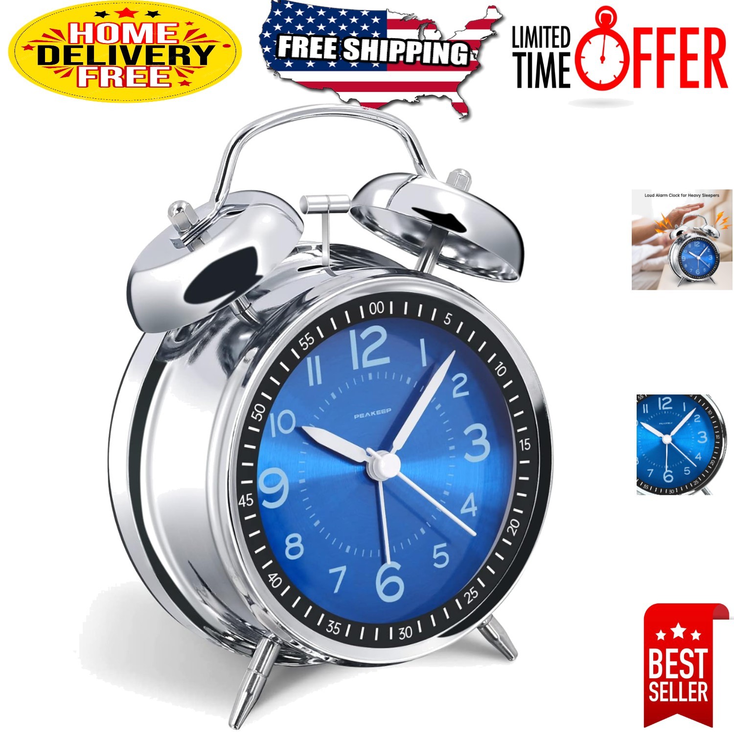 Battery Operated Jewel Blue Loud Alarm Clock for Heavy Sleepers - Metal Finish