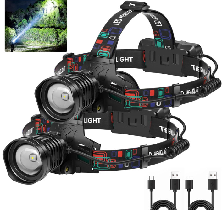 2 Linternas Frontales LED Recargables 99000LM, 3 Modos, IPX6, Ajustable 90°