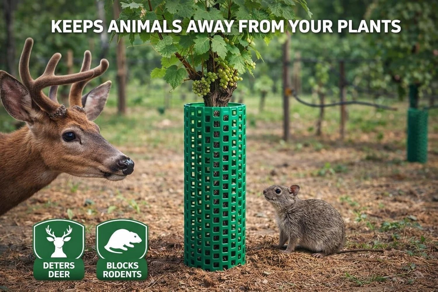 Tall 15" Green Tree Trunk Guards, 60pc, Stackable, Airflow, Weed Eater Proof