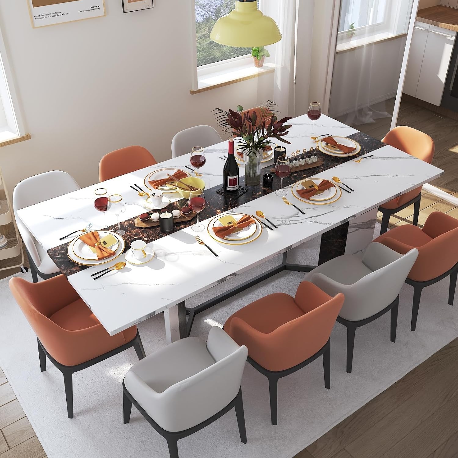 70Inch Large Dining Table for 4 6 People,Wooden Rectangular Kitchen Table W/Wate