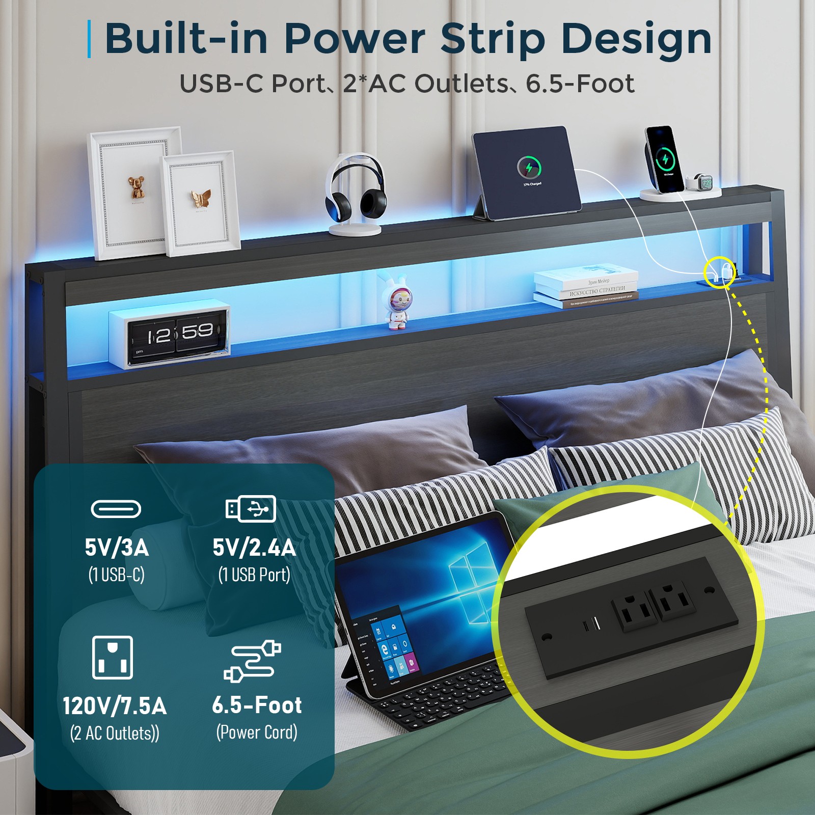Queen Full Size Bed Frame with Storage Headboard &Charging Station＆ LED Lights