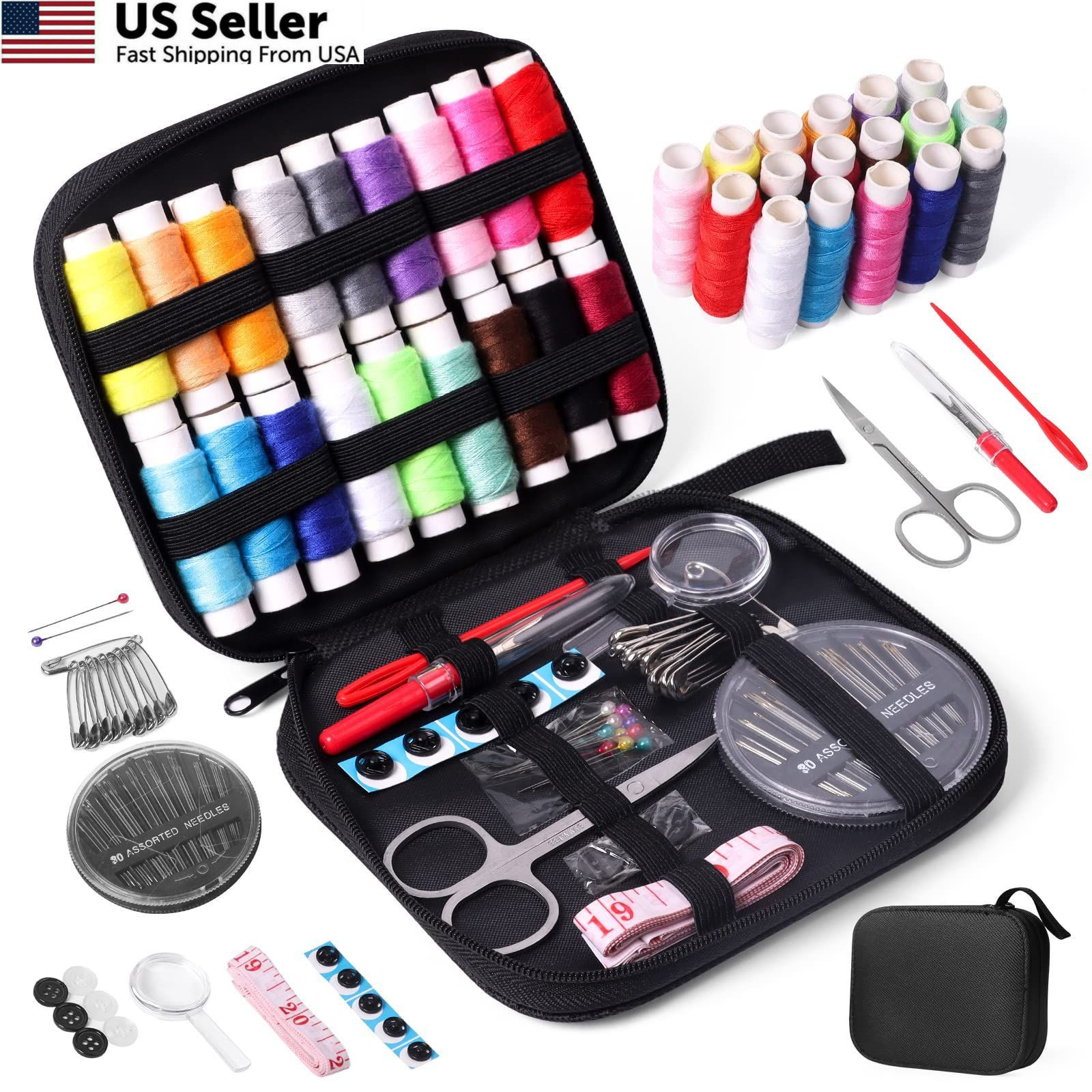 JUNING Sewing Kit with Case Portable Supplies B-Threads-Black, Black