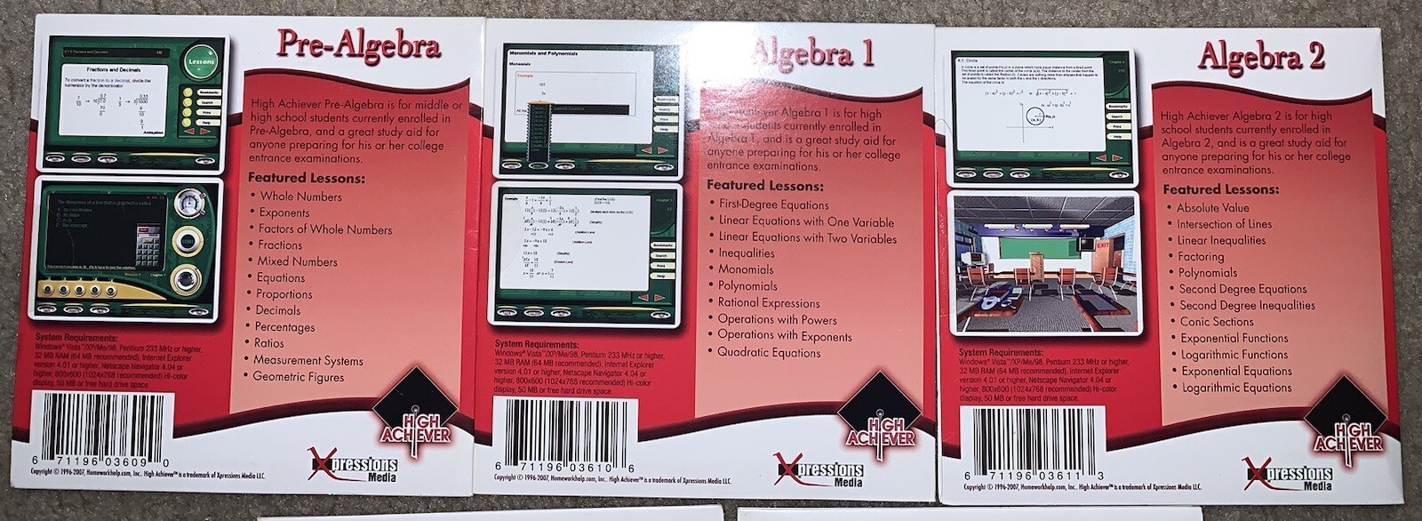 High Achiever PreAlgebra, Algebra 1 & 2 CD ROM Lot (grades 9-12