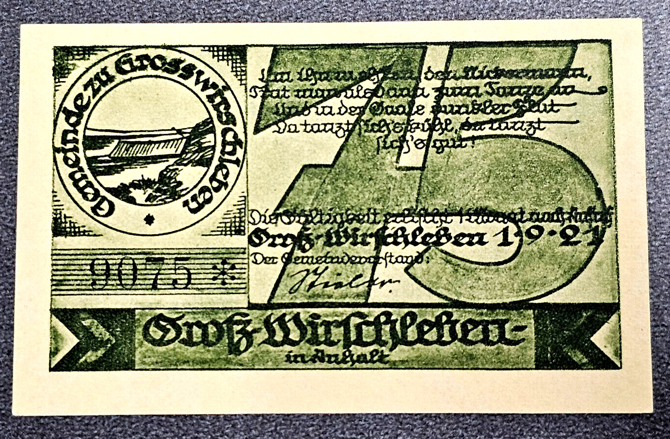 GROSS WIRSCHLEBEN NOTGELD 75 PFENNIG 1921 EMERGENCY MONEY GERMANY BANKNOTE(33683