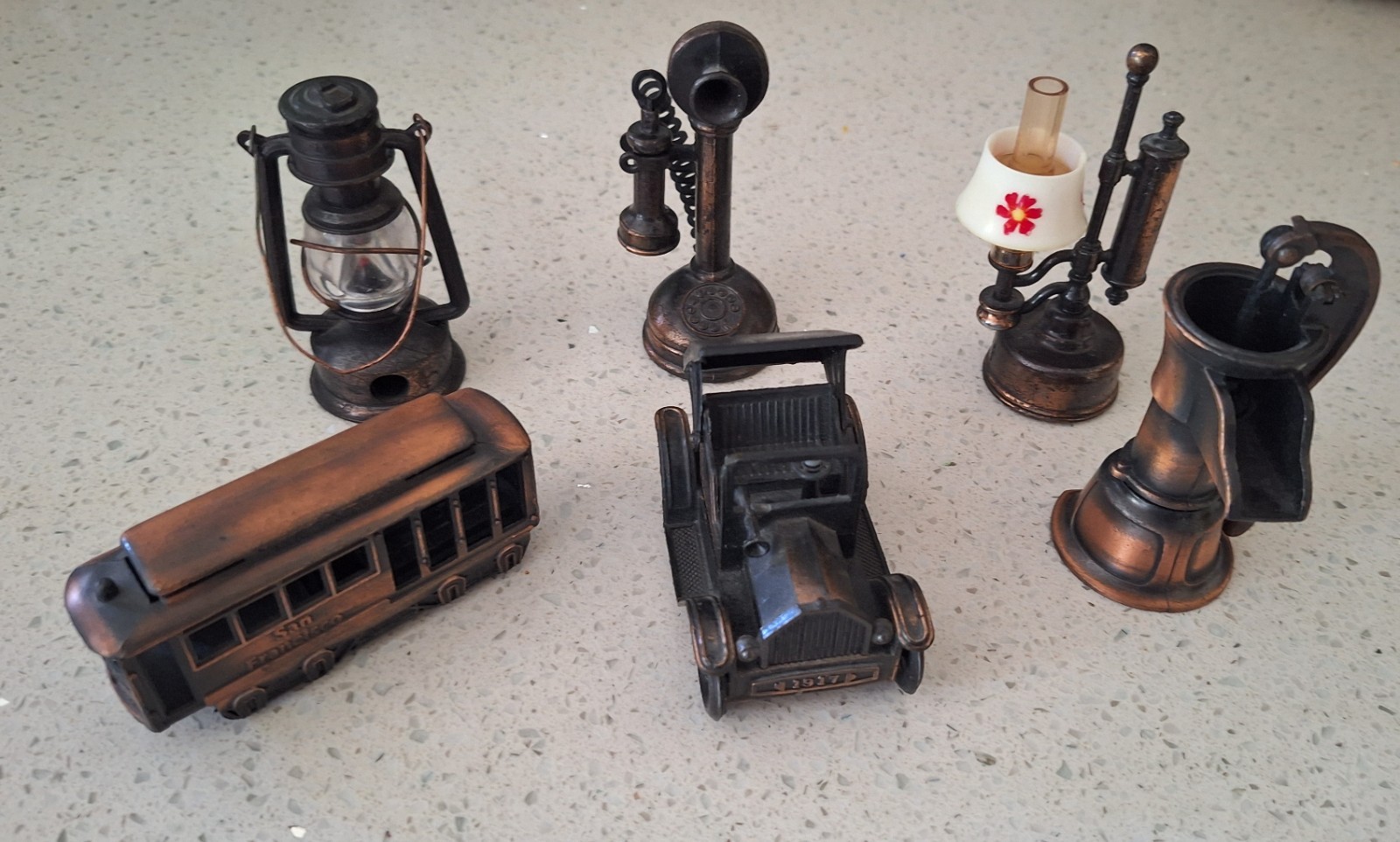 6-Vintage Die-Cast Pencil Sharpeners-Phone-Cable Car-Oil Lamp-Lantern-Model T