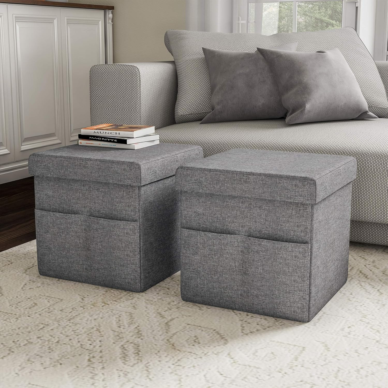Set of 2 Ottomans with Storage Pockets - 15-Inch Folding Foot Rests or Storage O