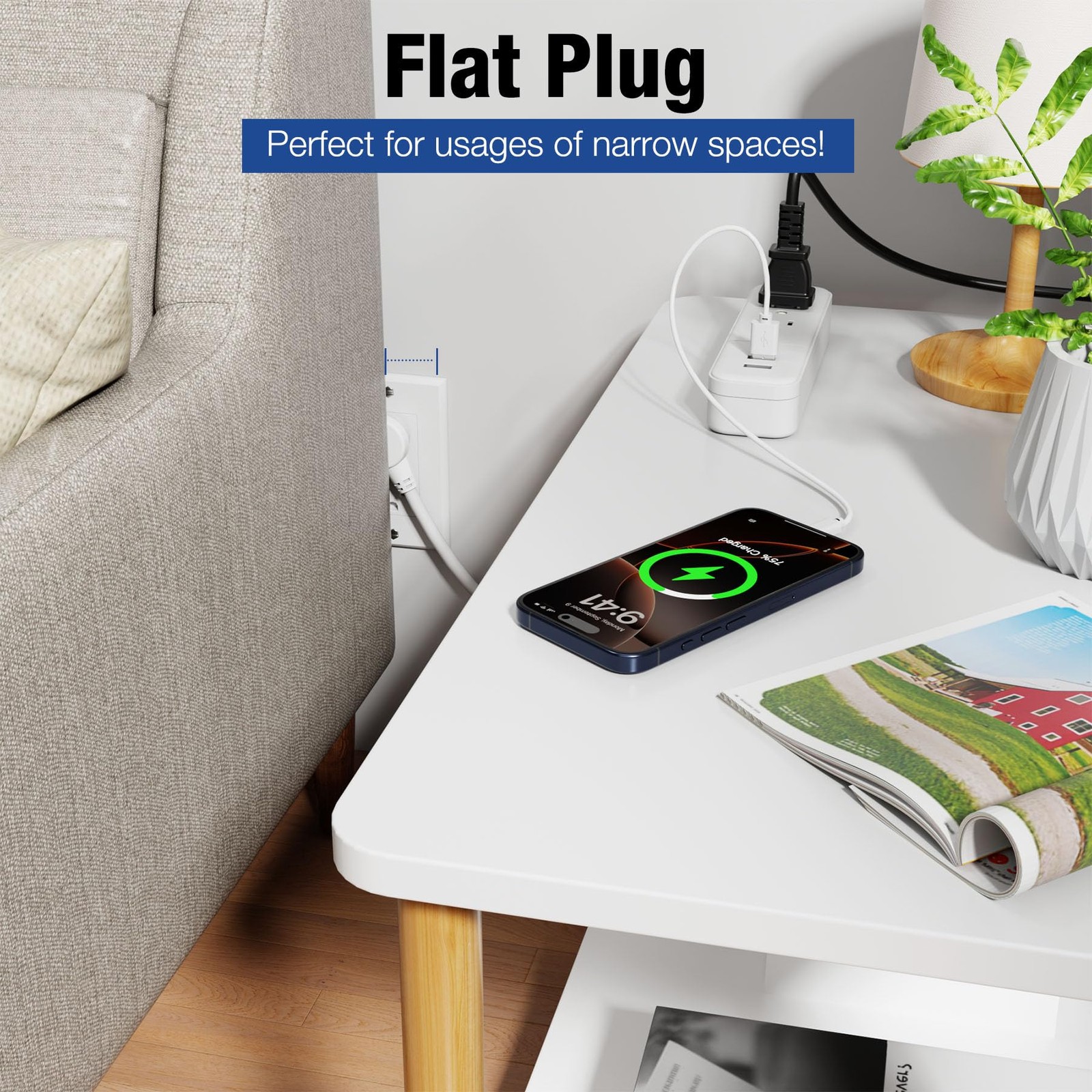 Power Strip Surge Protector - Flat Plug with 3 USB Ports 2 AC Outlets 20 Inch...