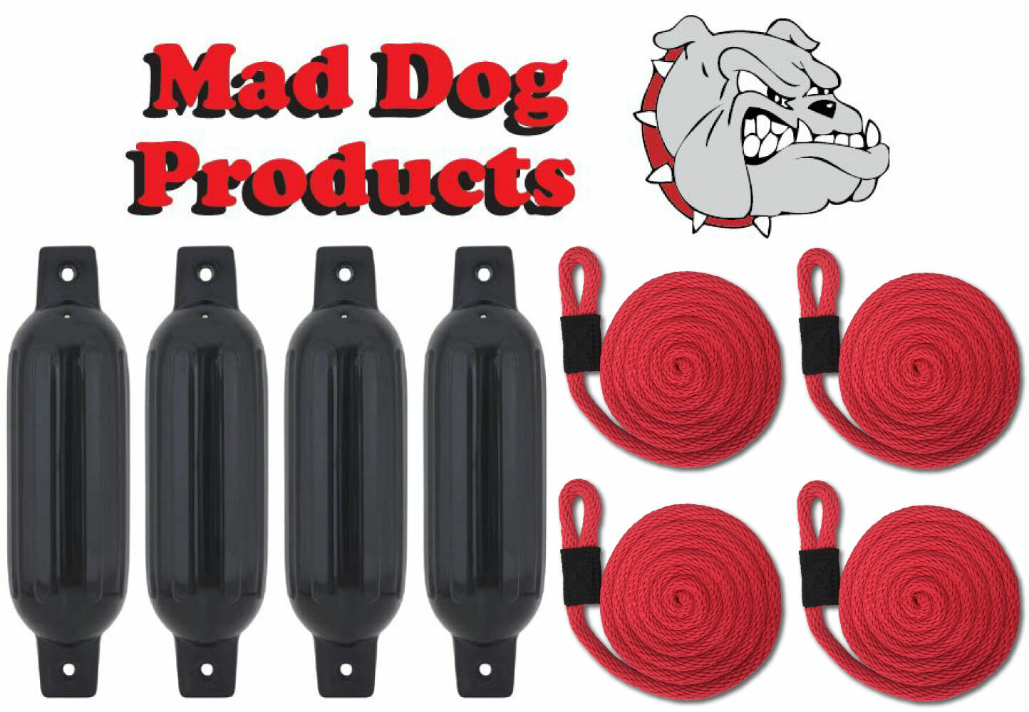 (4) BLACK 6.5 x 23 Inflatable Boat Fender Buoys & 4 Red Lines - Made in USA