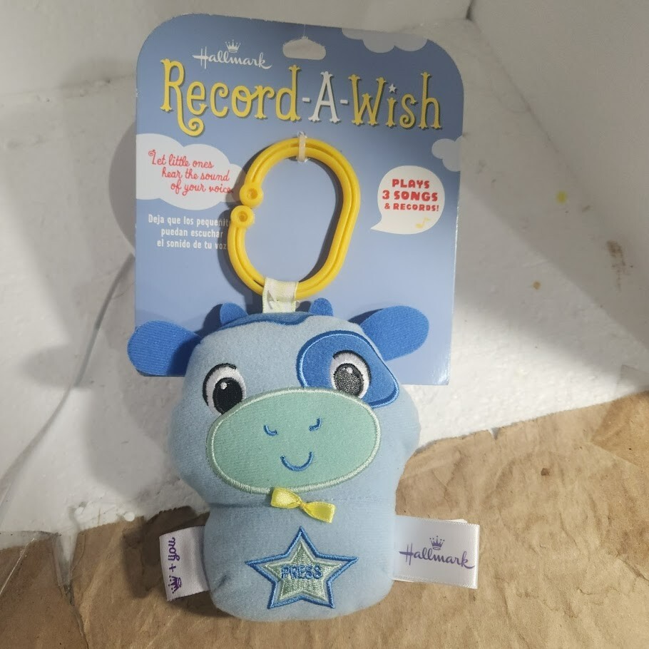 Hallmark Toy Baby Record A Wish Blue Cow Animal Plush CLIP ON Plays 3 Song NEW