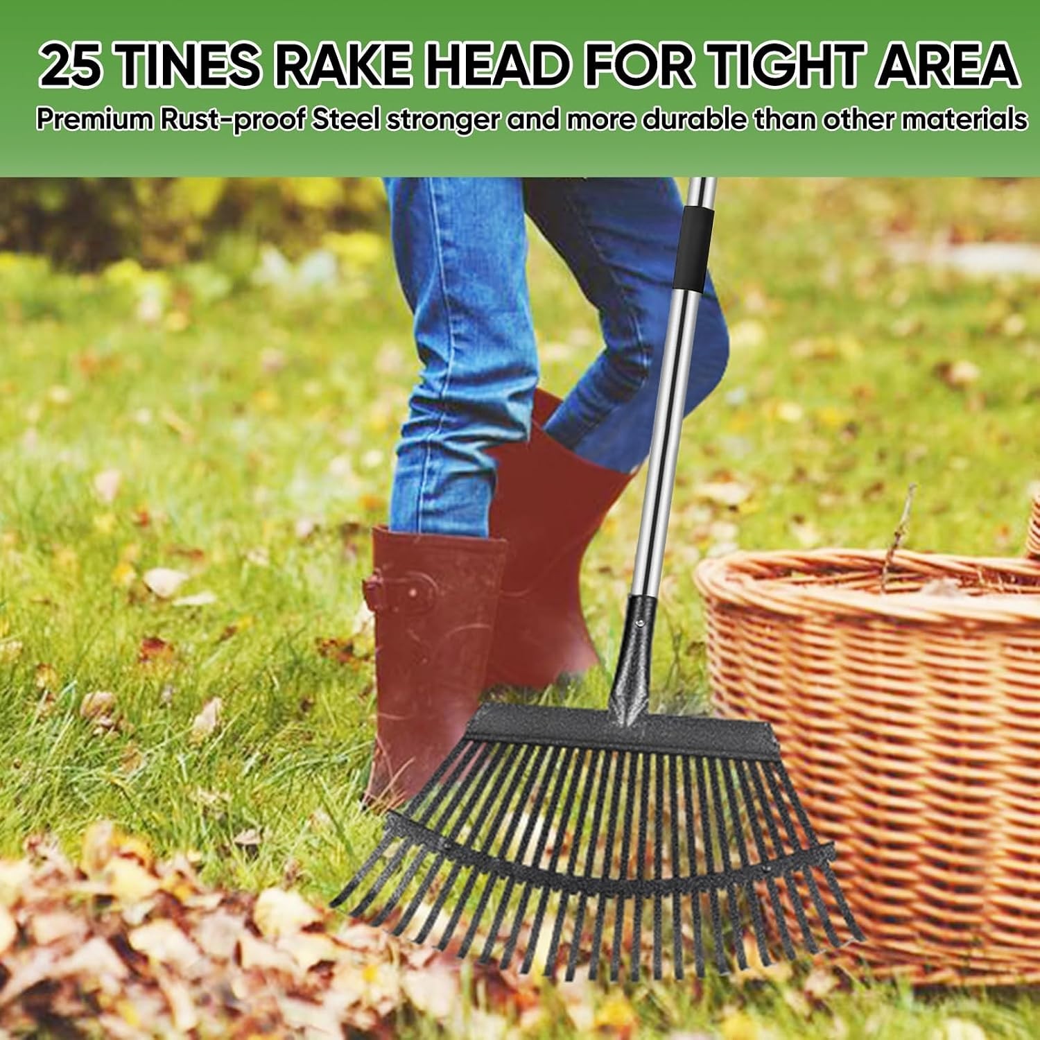 Durable 6FT Leaf Rake with 25 Tines – Adjustable, Ergonomic, and Easy to Store