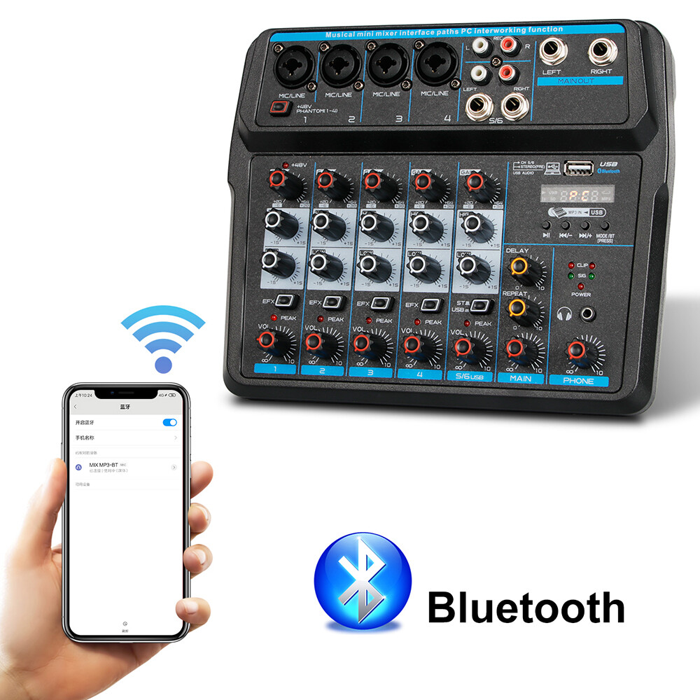 6Channel Live Audio Mixer Bluetooth USB DJ Sound Mixing Console Amplifier Studio