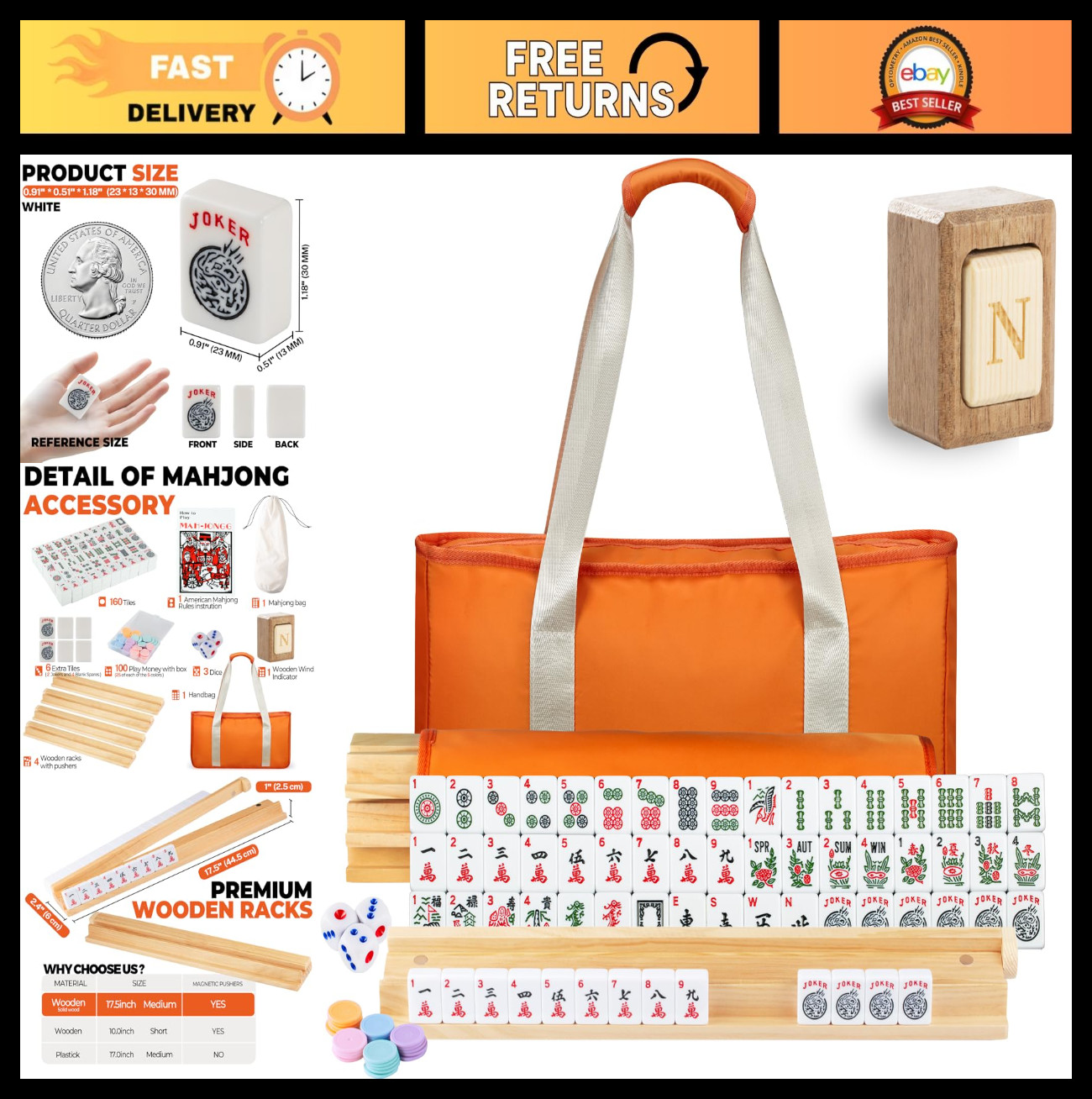 Premium American Mahjong Game Set - 166 Tiles, Travel Bag, 4 Wood Racks & Pusher