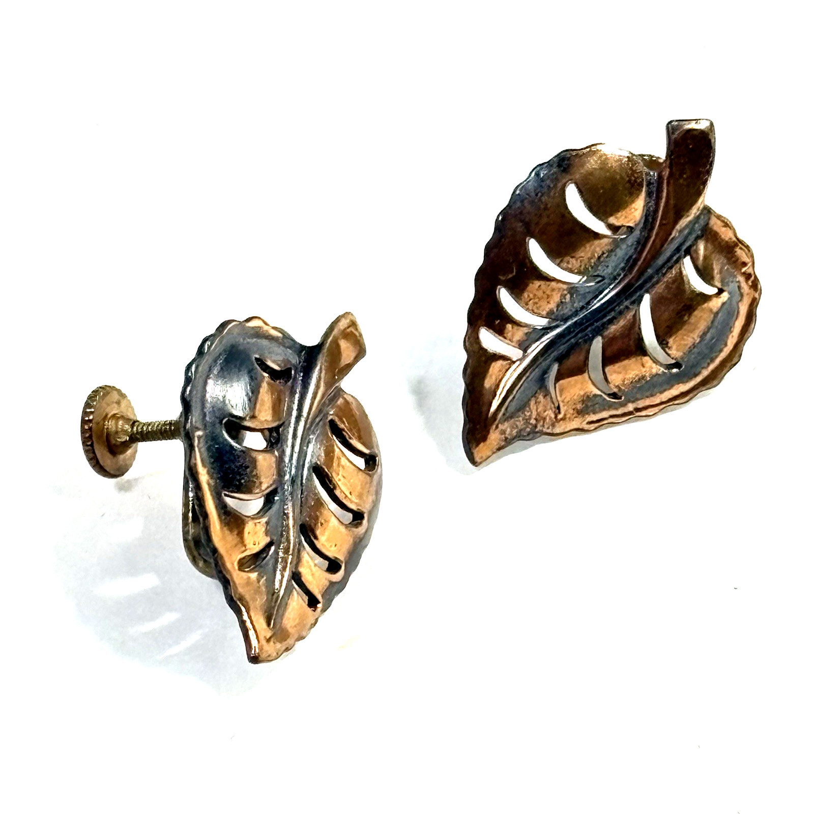 Vintage Copper Leaf Earrings Pierced Design Screw Back 1"