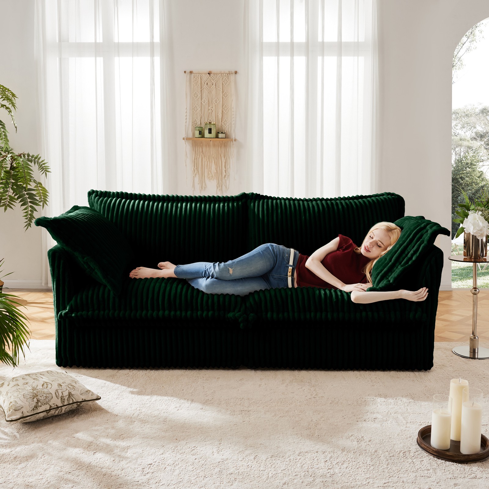 2-Seat Sofa, Green Corduroy, Deep Seat, Modern Slipcovered, Apartment