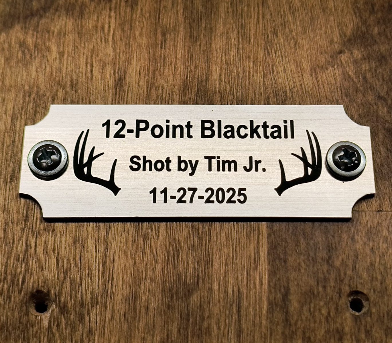 Custom Engraved Brushed Silver Finish Buck Plaque Plate Deer Doe Bull w/ Screws