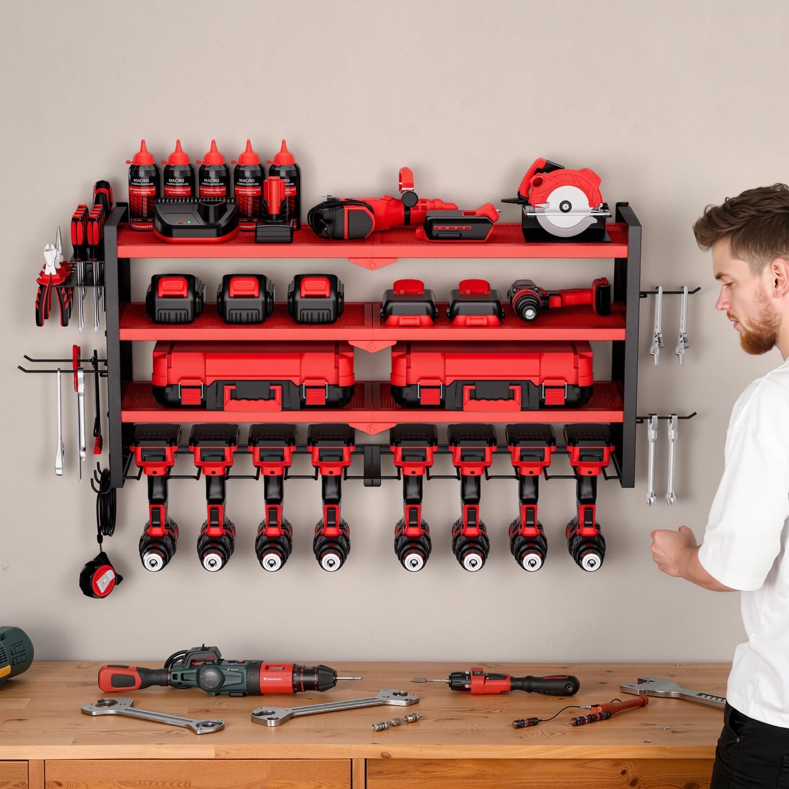 4-Layer Wall Mount Tool Organizer Rack with 8 Drill Holders & Side Pegboards - G