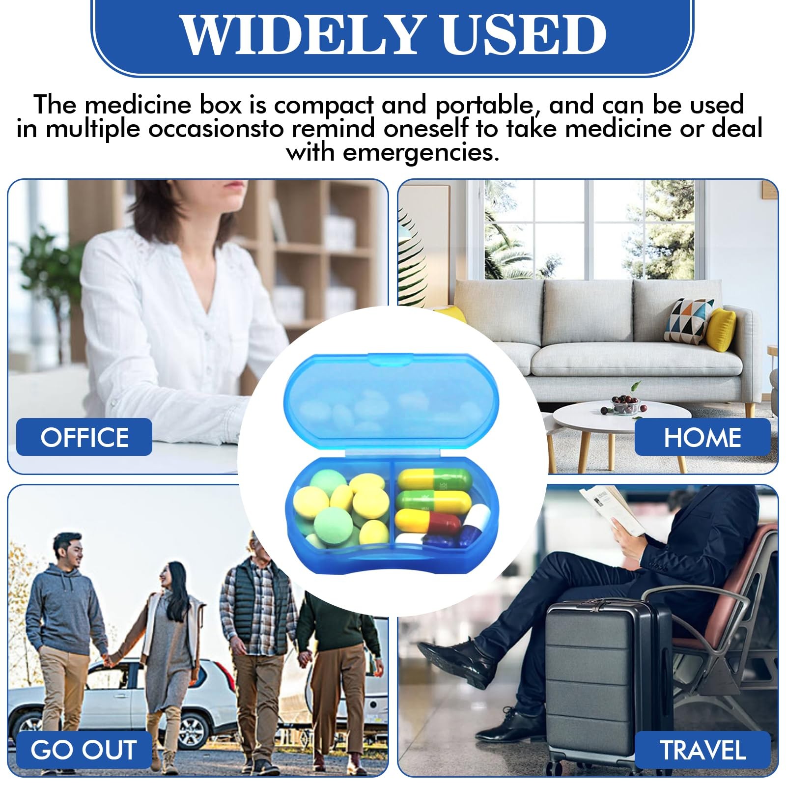 Pill Case for Purse Small Organizer Portable 2-Grids Box, Blue 1pcs