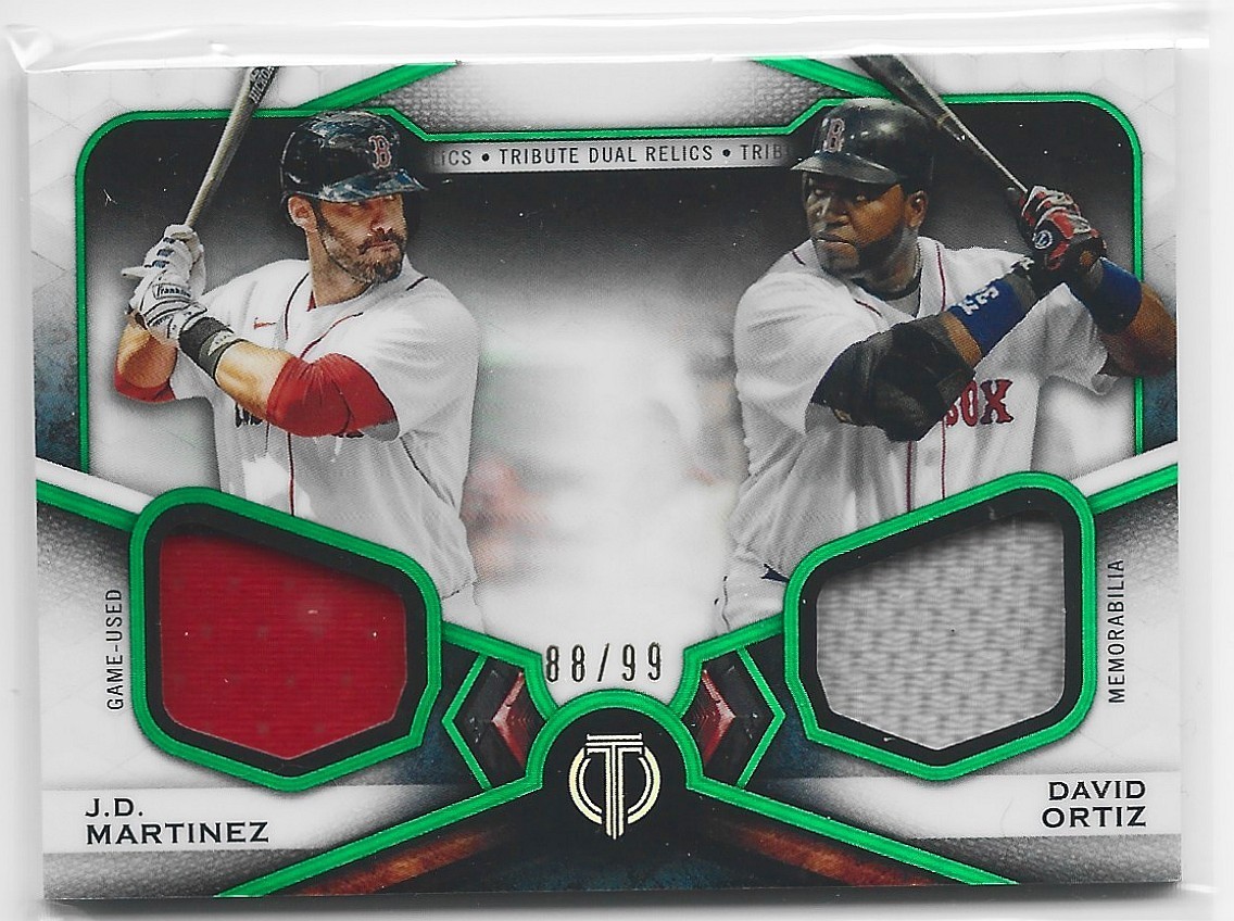 2021 Topps Tribute J.D. MARTINEZ/DAVID ORTIZ DUAL GAME-USED JERSEY GREEN SP /99
