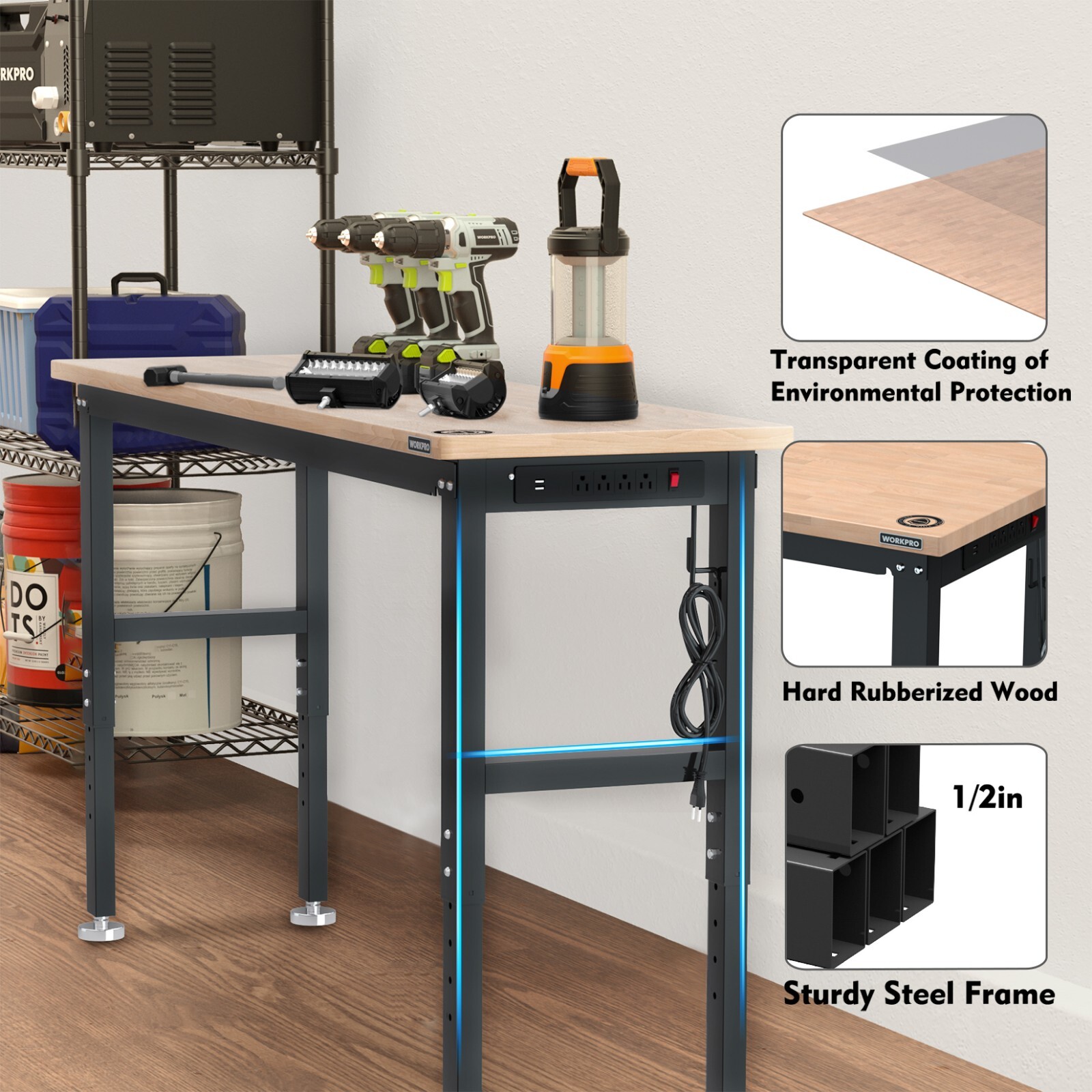 WORKPRO 72"/48''/60''Adjustable Workbench Rubber Wood Top Heavy-Duty Workstation