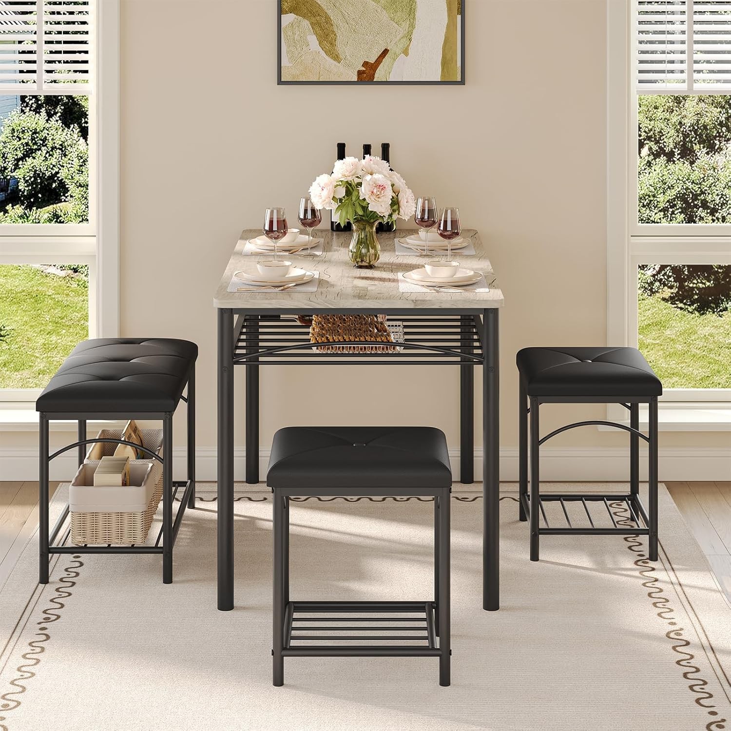 Set for 4 Dining Table Set Kitchen Table W Upholstered Bench and 2 Stools