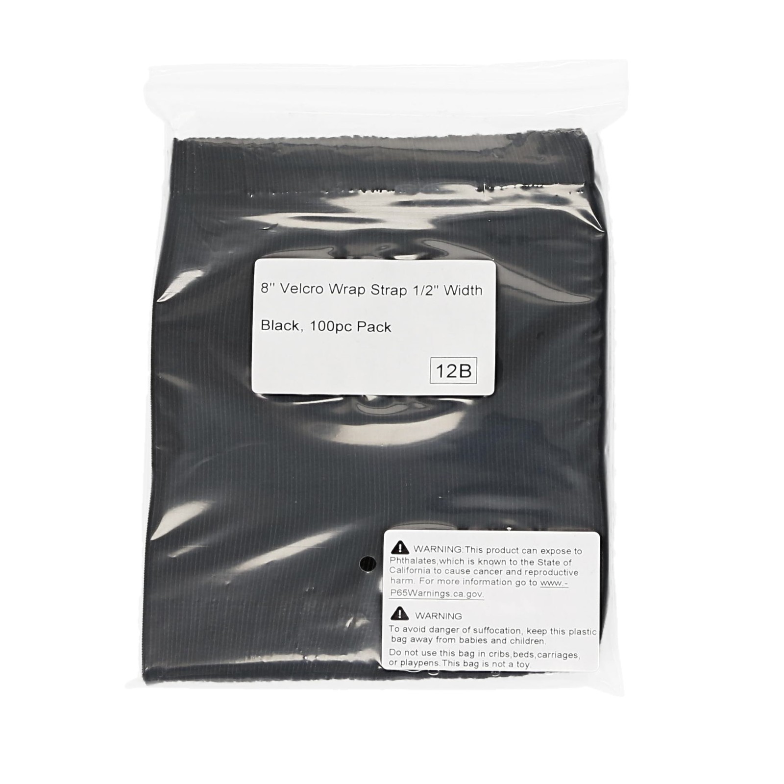 5 Pack of 8" Hook and Loop Wrap Strap 1/2" Width Black, 100pc Pack