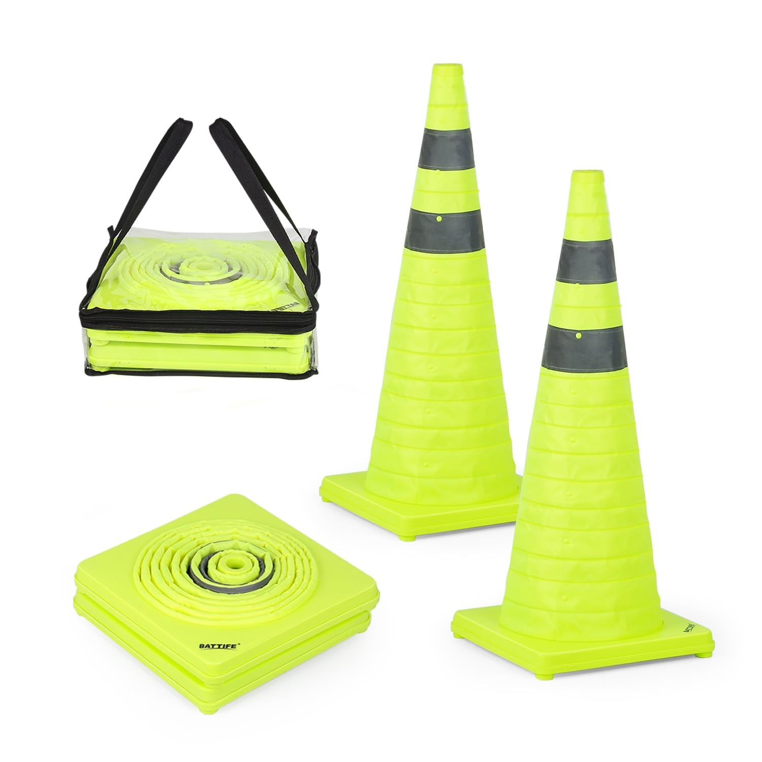BATTIFE [2 Pack] 28 inch Collapsible Traffic Cones, Lime Green Safety Cones, Pop