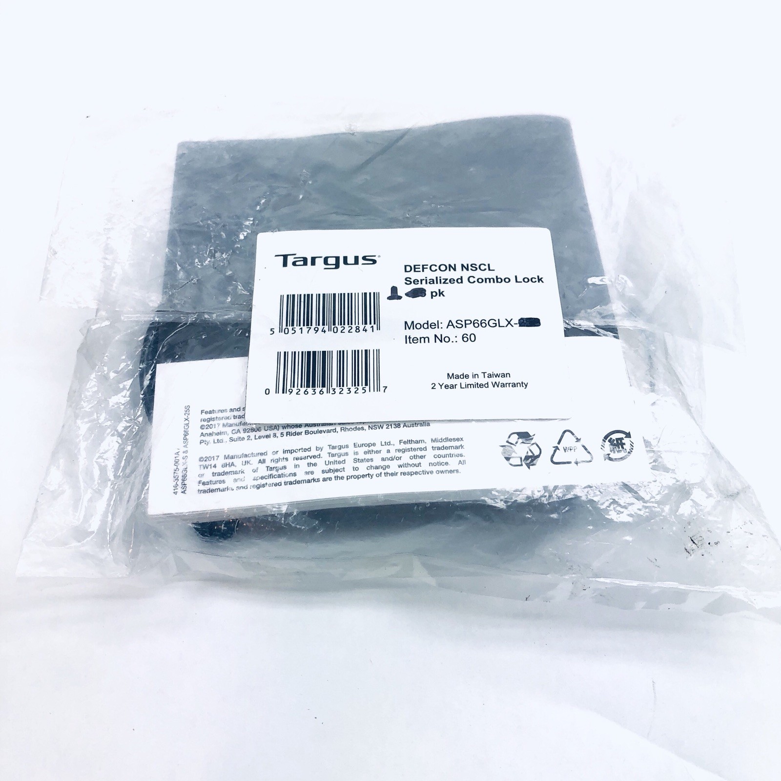 TARGUS DEFCON NSCL SERIALIZED COMBO LOCK MODEL ASP66GLX "SINGLE CABLE"