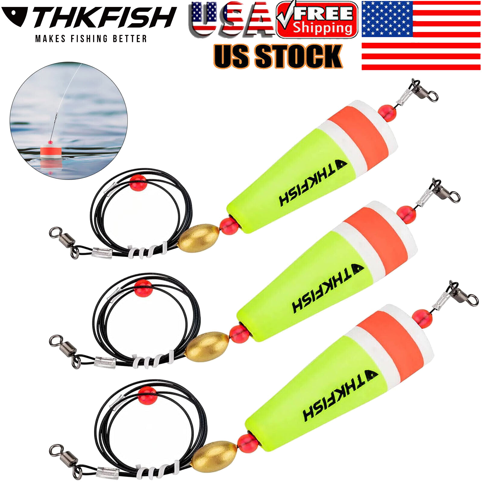 THKFISH 4pc Yellow Fishing Bobber Fishing Popping Cork Float Rig Weighted Float