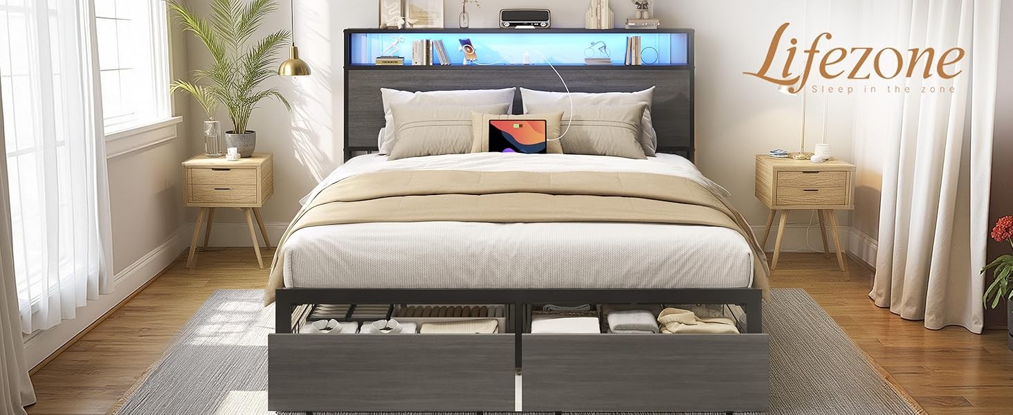 Queen Bed Frame with 2-Tier Storage Headboard, Bedroom Metal Bed Frame with 2