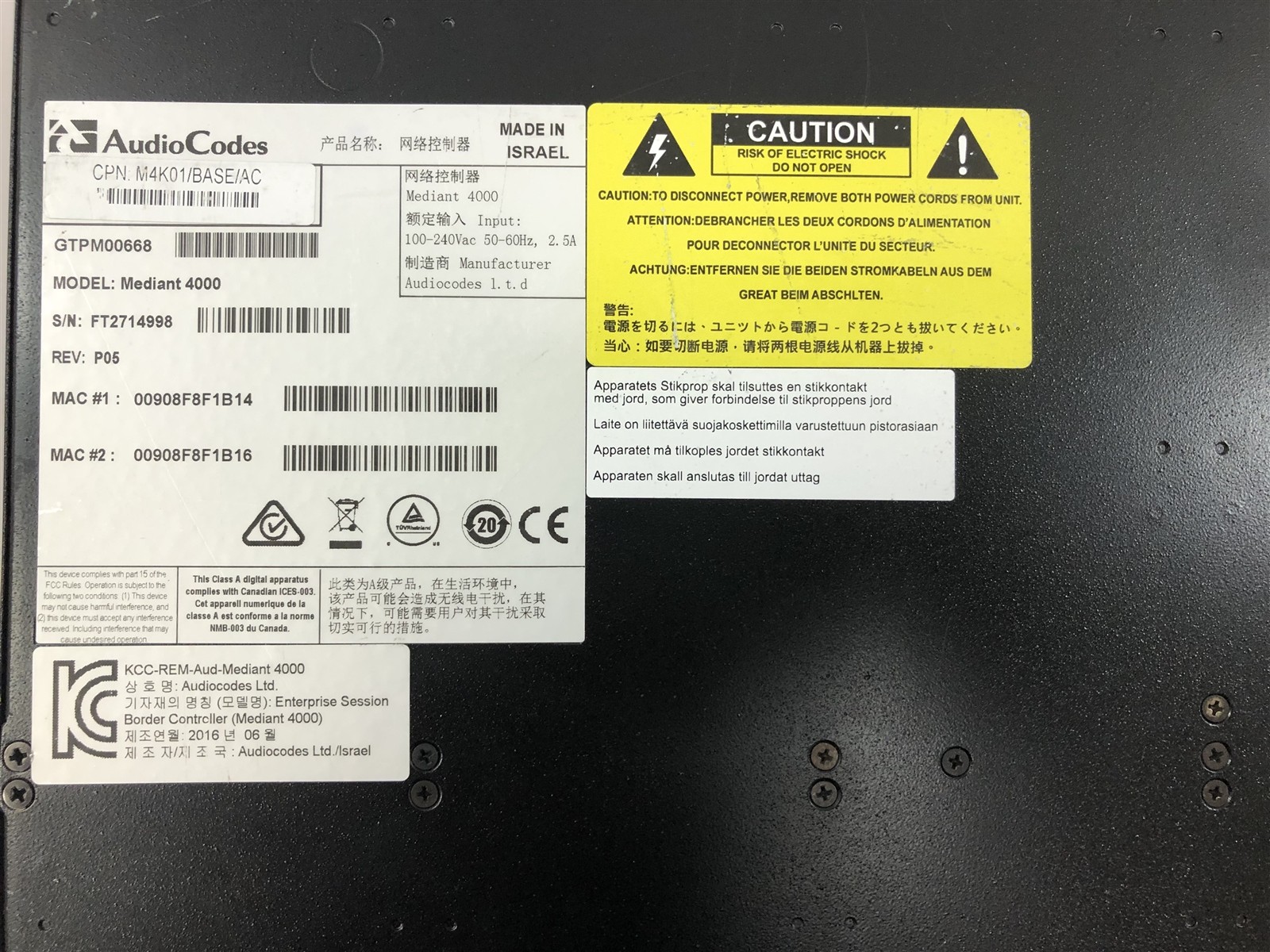 AudioCodes Mediant 4000 SBC GTPM00668 M4KB/BASE/AC Session Border Controller