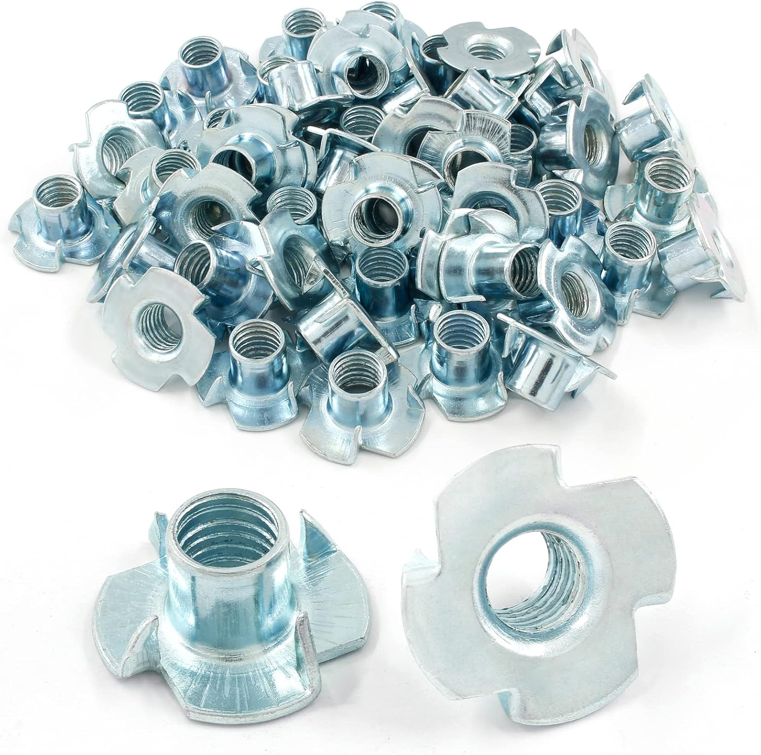 50 Pack T Nuts, 3/8 Inch 4 Pronged Zinc Plated Steel Tee Nuts Threaded Inserts f