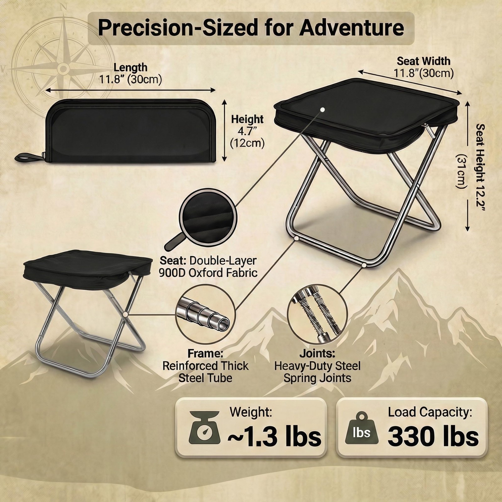 Foldable Backpack Stool for Adults - 12" Compact Portable Folding Chair, 300L...