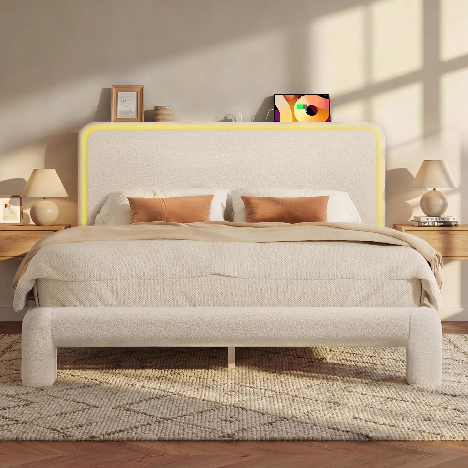 Queen Size Boucle Bed Frame, Upholstered Cloud Bed Frame with Shelf Headboard, B