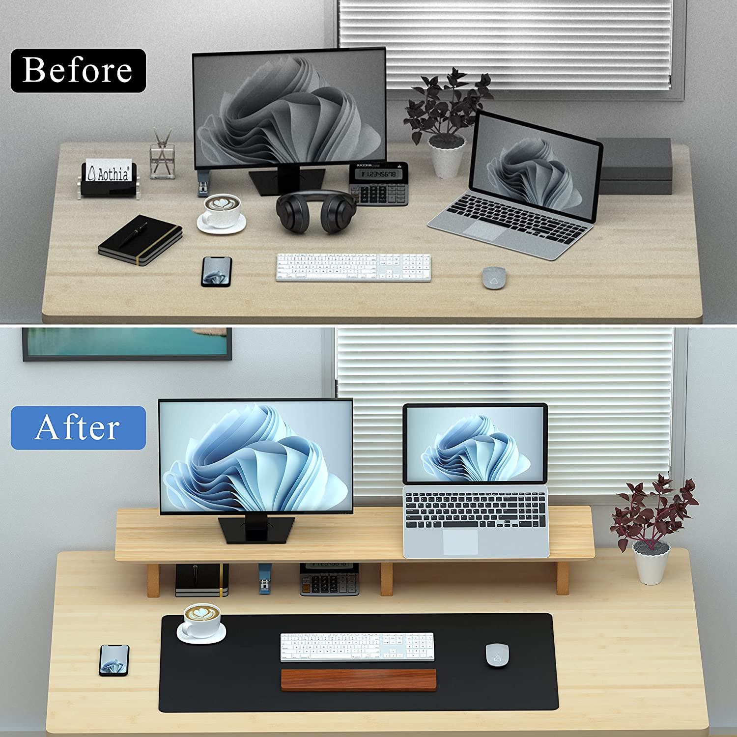Large Dual Monitor Stand Riser, Solid Wood Desk Shelf with Eco Cork Legs for Lap
