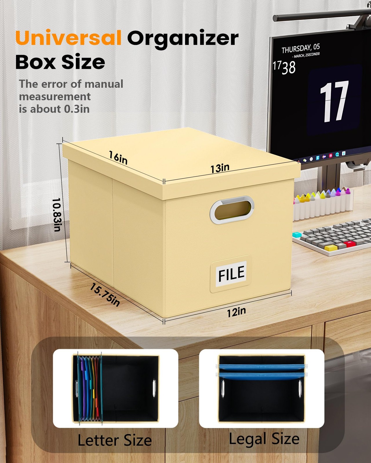 Storage File Box Cream-Yellow Leather 1 Pack AM03118 Document Organizer Case